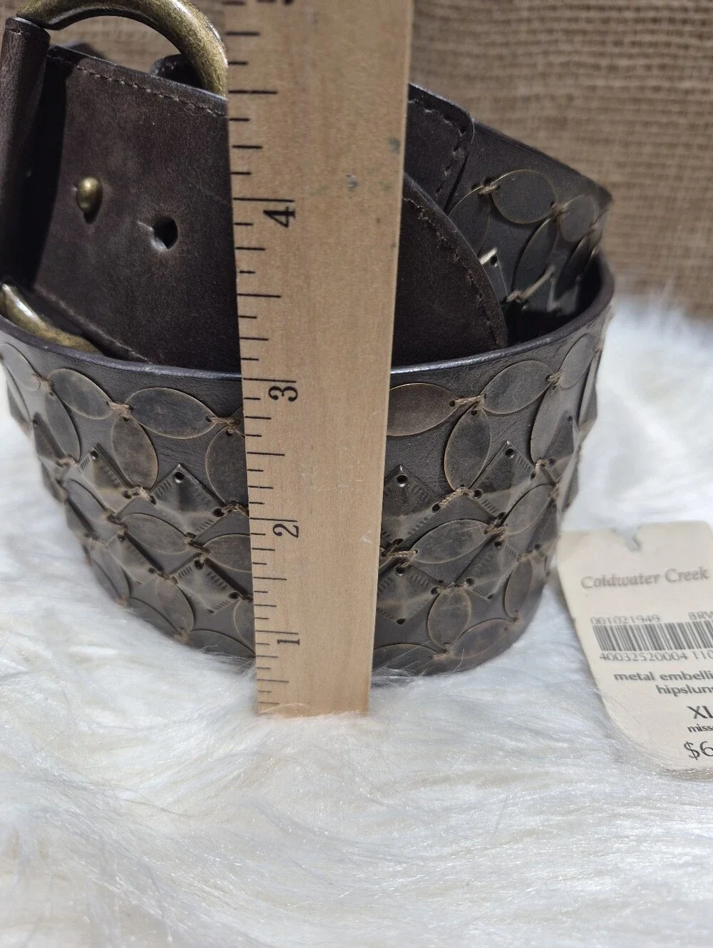 Coldwater Creek Wide Brown Leather Belt with Antiqued Metal Discs XL Size 18 NWT